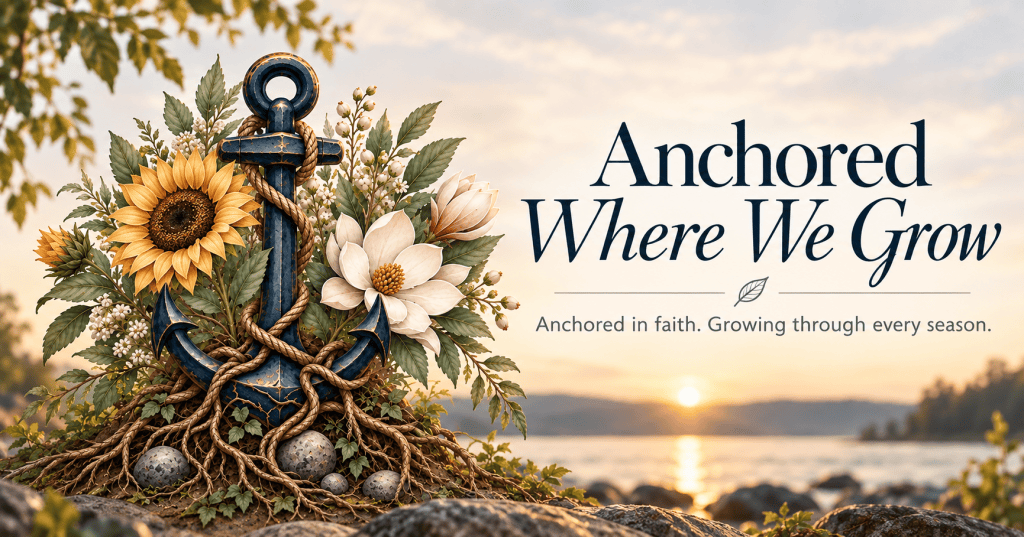 Anchored Where We Grow social banner with shoreline, sunflowers, and brand text